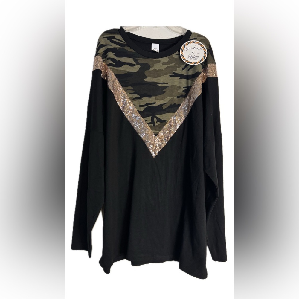 Camouflage and Sequin Black Long Sleeve Top